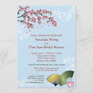 Cherry Blossom and Fans Dim Sum Blue Bridal Shower Invitations