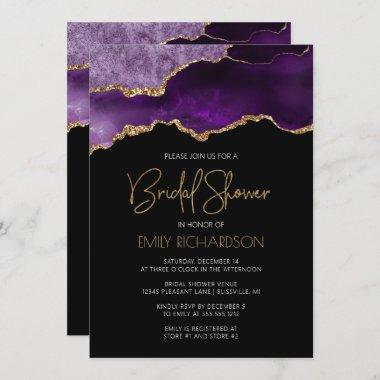 Chic Agate Geode Purple Gold Bridal Shower Invitations