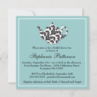 Chic Black & White Damask Bridal Shower Tea Party Invitations