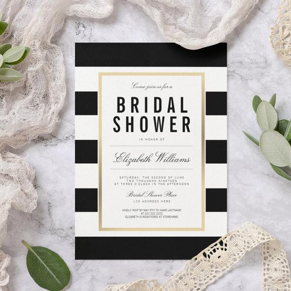 Chic Black White Striped Gold Bridal Shower Invite