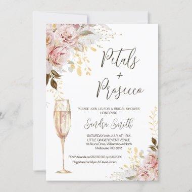 Chic Blush Gold Petals and Prosecco Bridal Shower Invitations