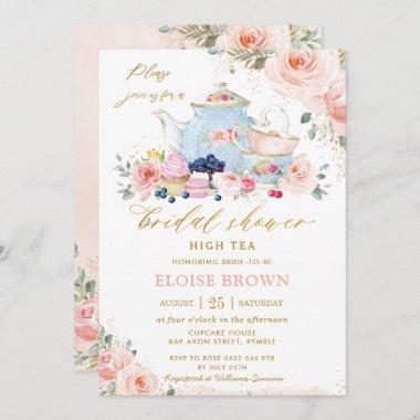Chic Blush Pink Floral Tea Party Bridal Shower Invitations