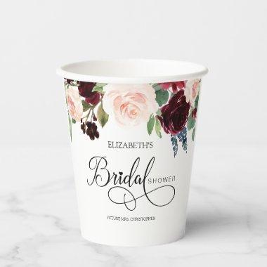 Chic Burgundy Red Blush Pink Floral Bridal Shower Paper Cups