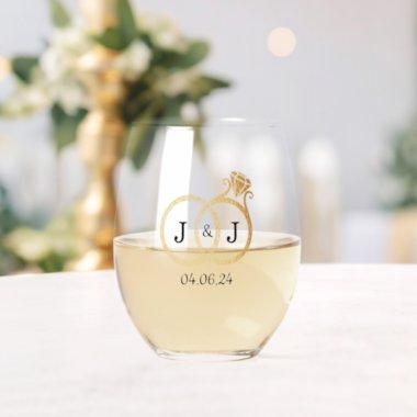 Chic Faux Gold Foil Monogram Wedding Rings Stemless Wine Glass