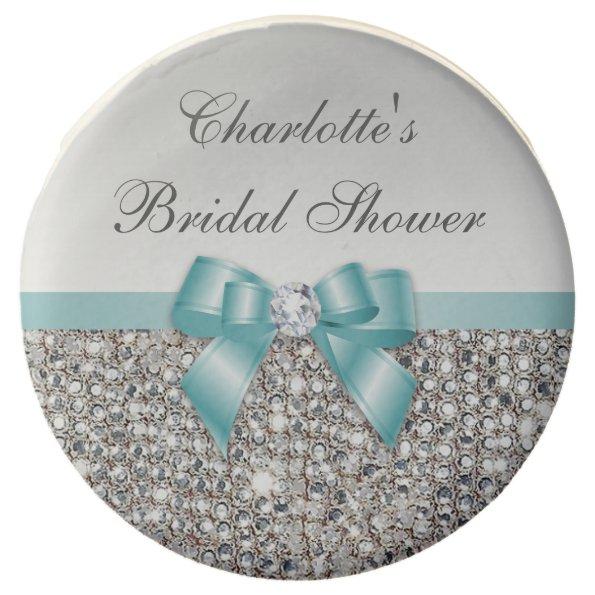 Chic Faux Silver Sequins Teal Bow Bridal Shower Chocolate Dipped Oreo