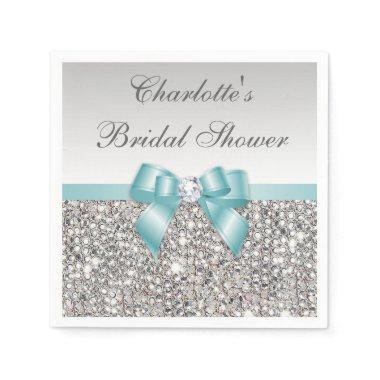 Chic Faux Teal Bow Silver Sequins Bridal Shower Napkins