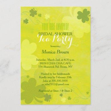 Chic Green Shamrocks Irish Bridal Shower Tea Party Invitations