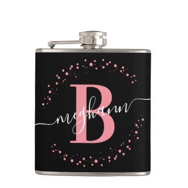 Chic Modern Girly Pink Black Name Script Monogram Flask