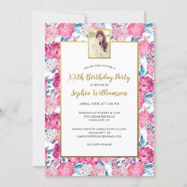 Chic Pink Flowers Any Age Add Photo Birthday Party Invitations