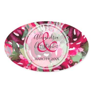 Chic Pink Watercolor Flowers Oval Sticker