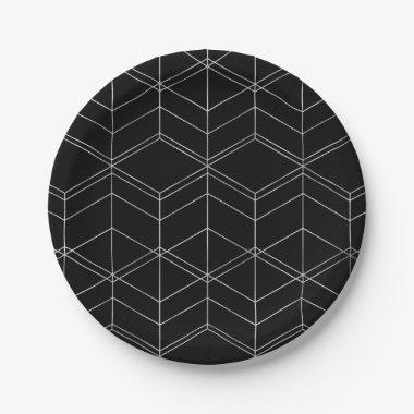 Chic Script Black & Foil Silver Geometric Pattern Paper Plates