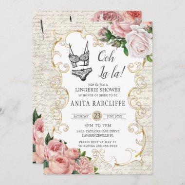 Chic Vintage French Roses Lingerie Bridal Shower Invitations