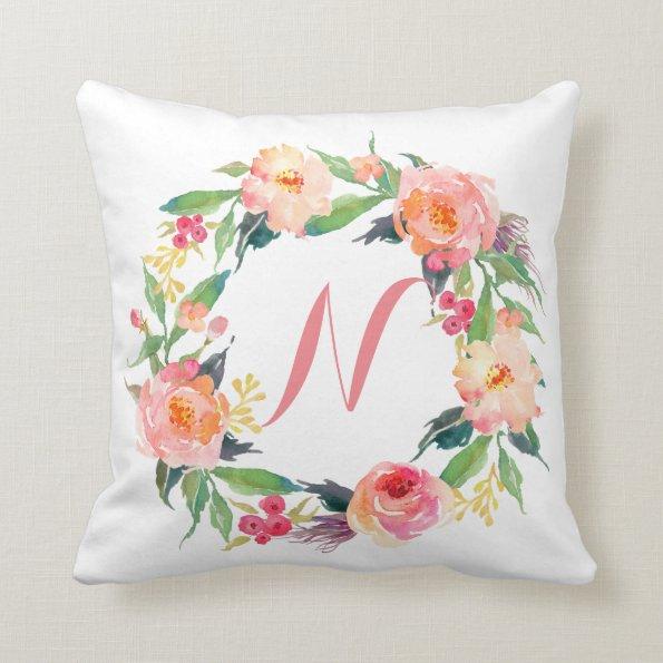 Chic Watercolor Floral Wreath Monogram Throw Pillow