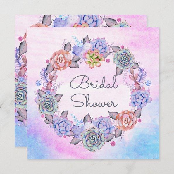 Chic Watercolor Succulents Wreath Bridal Shower Invitations