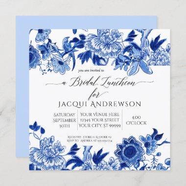 Chinoiserie Bird Blue White Floral Bridal Luncheon Invitations