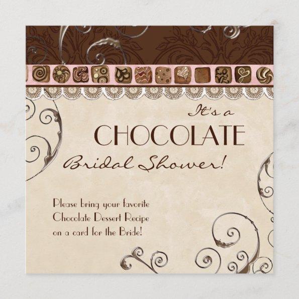 Chocolate Damask Swirl Bridal Shower Invitations
