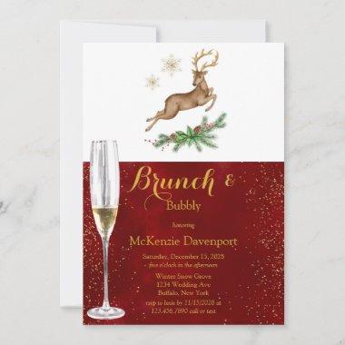 Christmas Deer Antler Burgundy Gold Brunch Bubbly Invitations