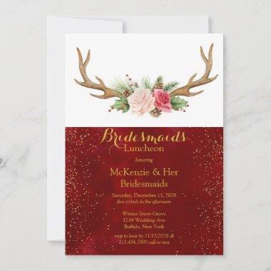 Christmas Pine Burgundy Gold Bridesmaids Luncheon Invitations