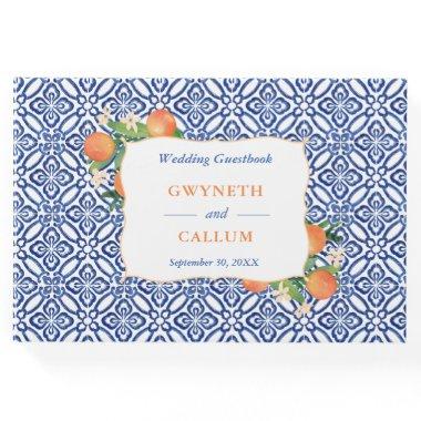 Citrus Sinensis Oranges Blue Ceramic Tile Pattern Guest Book