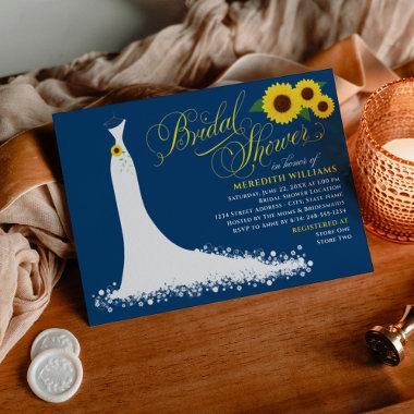 Classic Blue Sunflower Wedding Gown Bridal Shower Invitations