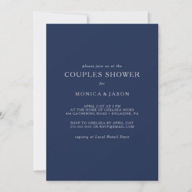 Classic Minimalist Navy Blue Silver Couples Shower Invitations
