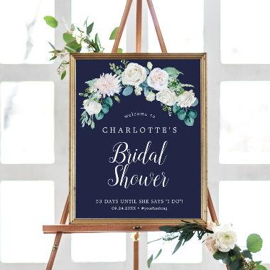 Classic White Flowers | Navy Bridal Shower Welcome Poster