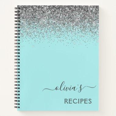 Cookbook Recipe Silver Aqua Teal Blue Glitter Notebook