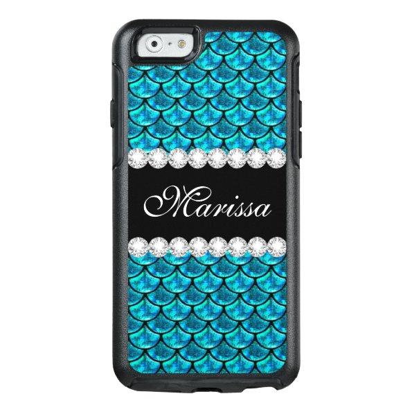Cool Teal Blue Glitter Glass Black Mermaid Scales OtterBox iPhone 6/6s Case