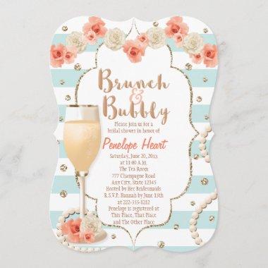 Coral and Aqua Brunch and Bubbly Bridal Shower Invitations