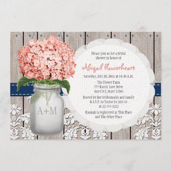 Coral and Navy Hydrangea Mason Jar Bridal Shower Invitations