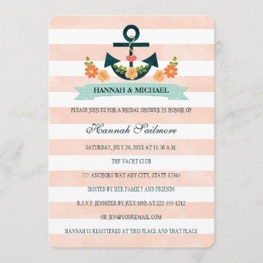 Coral and Navy Nautical Bridal Shower Invitations