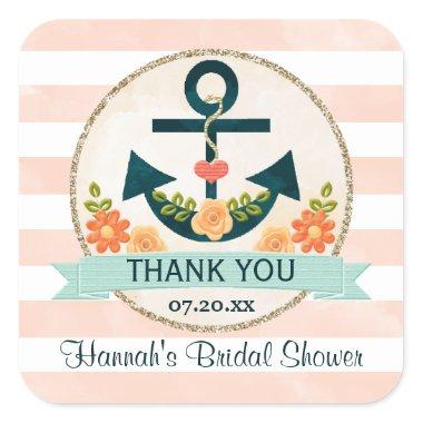 Coral and Navy Nautical Floral Anchor Thank You Square Sticker