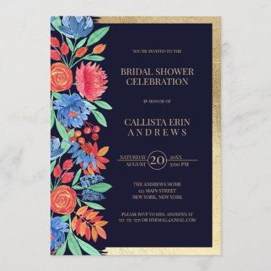 Coral Blue Gold Floral Watercolor Bridal Shower Invitations
