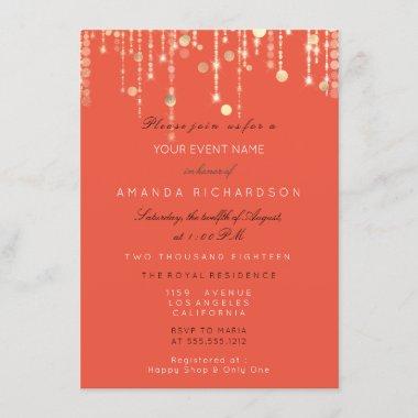 Coral Gold Glitter Drips Birthday Bridal Shower Invitations