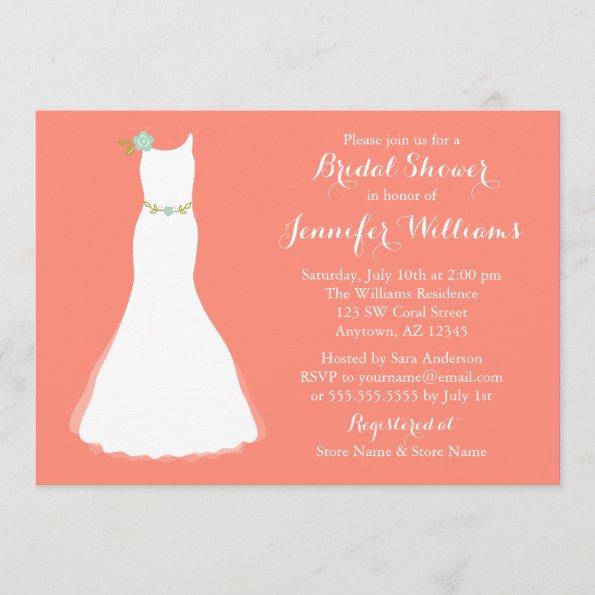 Coral Mint Floral Wedding Gown Bridal Shower Invitations