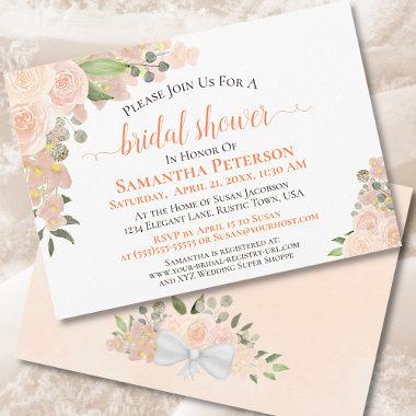 Coral Peach Roses Watercolor Floral Bridal Shower Invitations