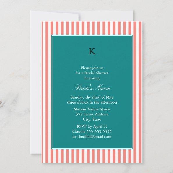 Coral Pink and White Stripes , Teal Bridal Shower Invitations
