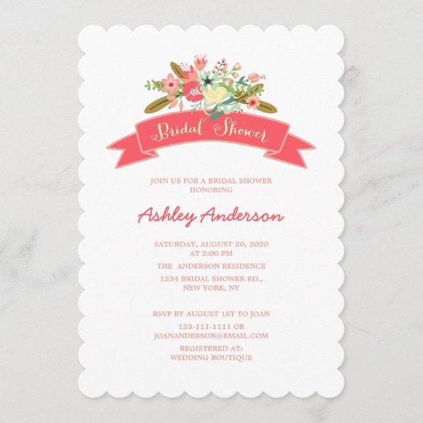 Coral Pink Rustic Floral Bridal Shower Invitations
