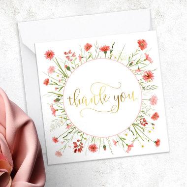 Coral Pink Wildflower Gold Script Thank You Note Invitations