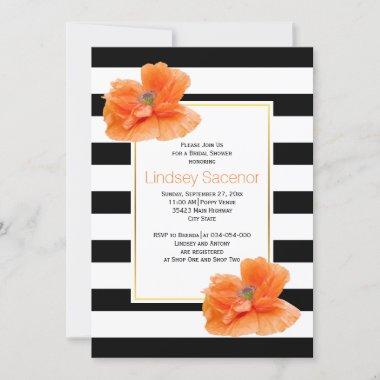 Coral poppies, black white wedding bridal shower Invitations