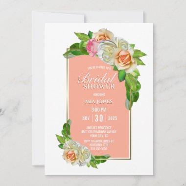 Coral Rose Floral Gold Border Bridal Shower Invitations