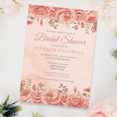Coral Roses Chic Peach Watercolor Floral Wedding Invitations