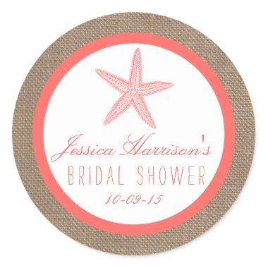 Coral Starfish Burlap Beach Bridal Shower Stickers