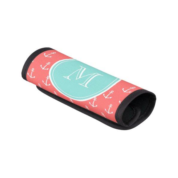 Coral White Anchors Pattern, Mint Green Monogram Luggage Handle Wrap
