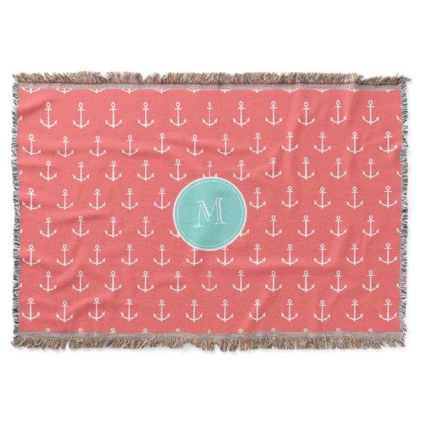 Coral White Anchors Pattern, Mint Green Monogram Throw Blanket