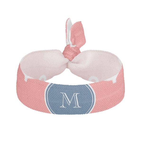Coral White Anchors Pattern, Navy Blue Monogram Hair Tie