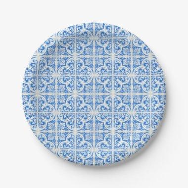Country Blue Damask Tile Paper Plates