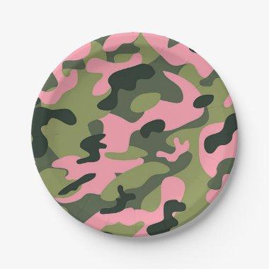 Country Pink Green Army Camo Camouflage Birthday Paper Plates
