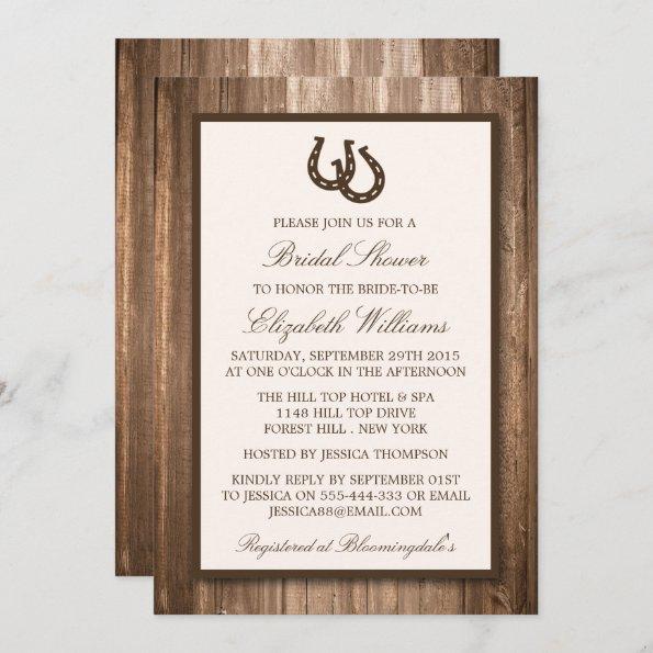 Country Rustic Horseshoe Brown Wood Bridal Shower Invitations