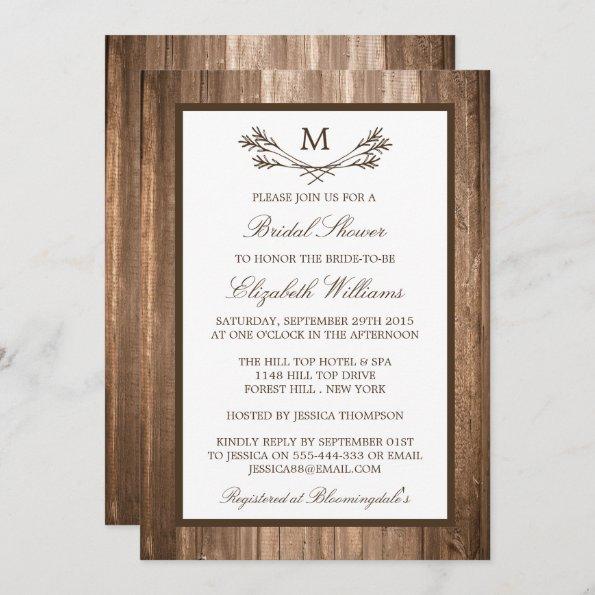 Country Rustic Monogram Branch Wood Bridal Shower Invitations